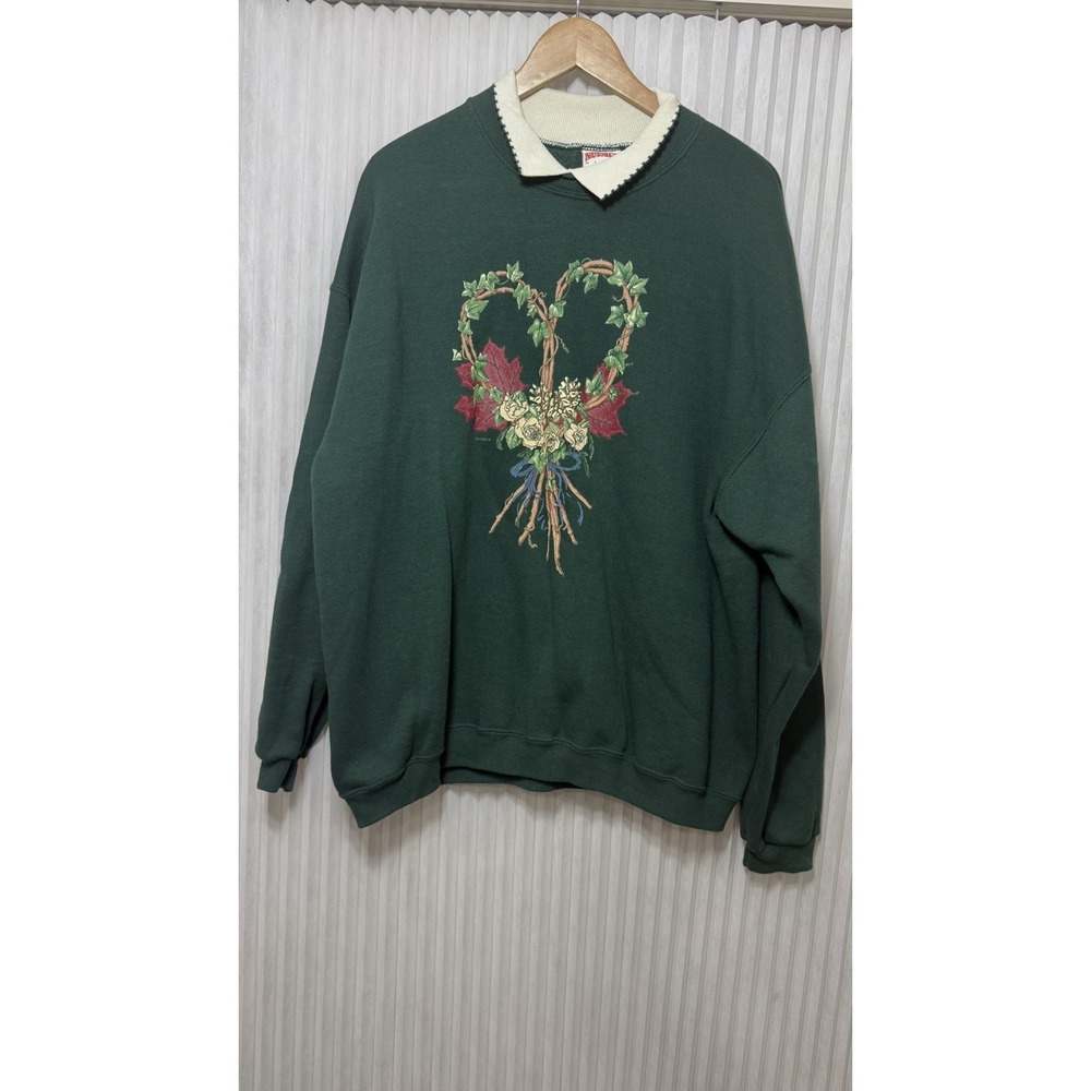 Vintage Christmas Sweatshirt Adult Extra Large Green Wreath Heart Holiday Nutmeg